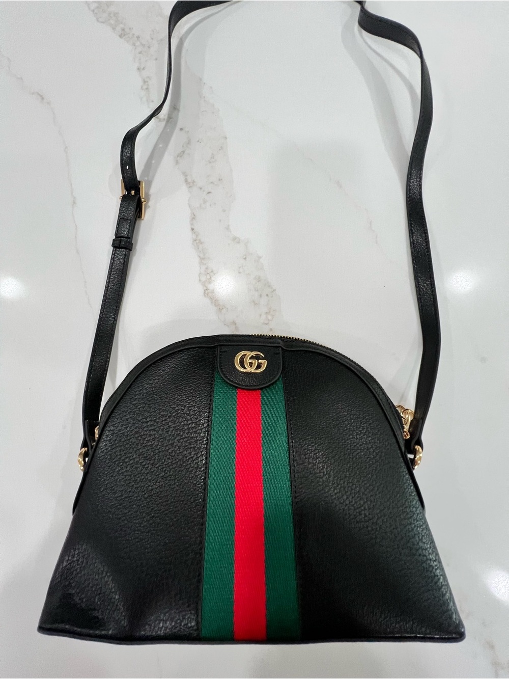 Black Leather Crossbody Bag with Green-Red Stripe